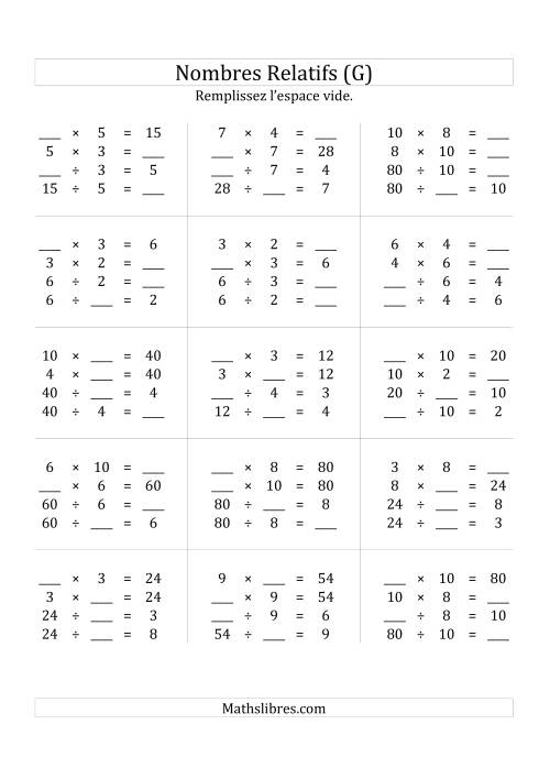 Multiplication & la Division des Nombres Relatifs Jusqu'à 100 (G)
