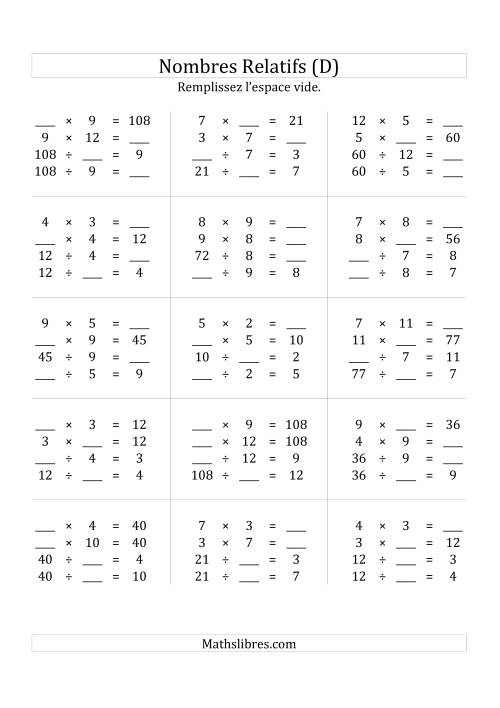 Multiplication & la Division des Nombres Relatifs Jusqu'à 144 (D)