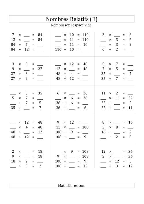 Multiplication & la Division des Nombres Relatifs Jusqu'à 144 (E)