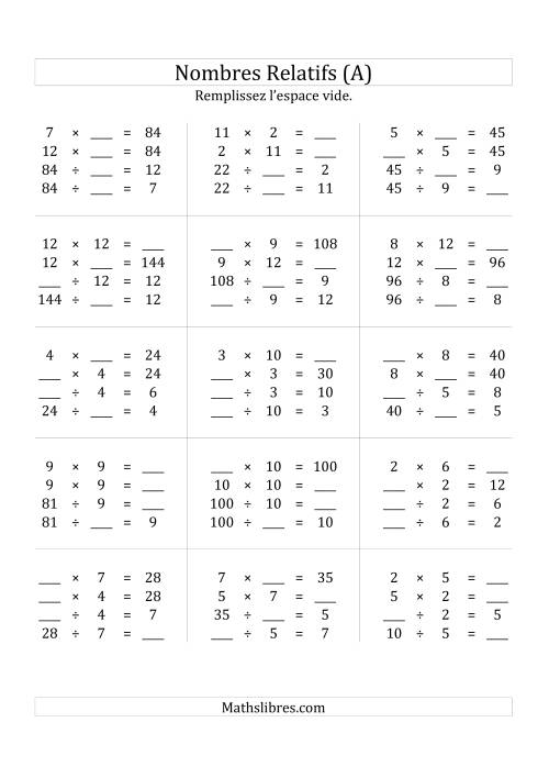 Multiplication & la Division des Nombres Relatifs Jusqu'à 144 (Tout)