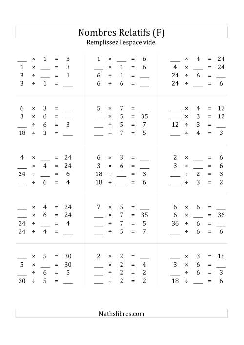 Multiplication & la Division des Nombres Relatifs Jusqu'à 49 (F)