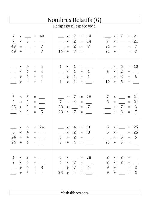 Multiplication & la Division des Nombres Relatifs Jusqu'à 49 (G)