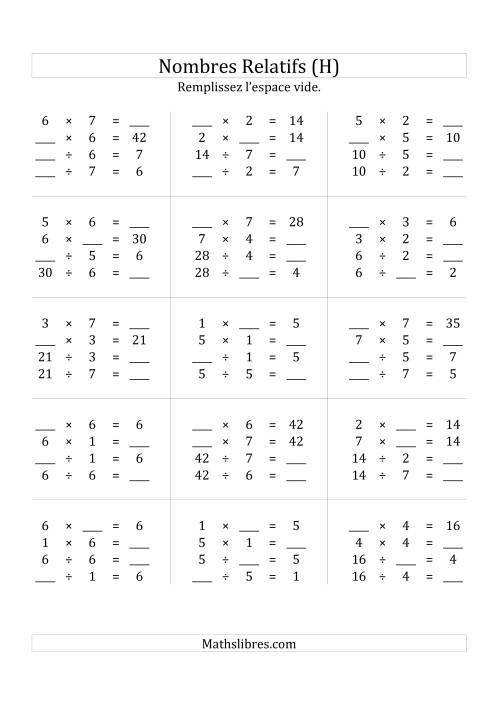 Multiplication & la Division des Nombres Relatifs Jusqu'à 49 (H)