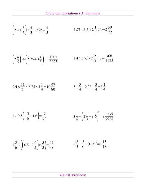 Ordre des opérations avec fractions et nombres décimaux -- Toutes opérations (nombres positifs seulement) (B) page 2