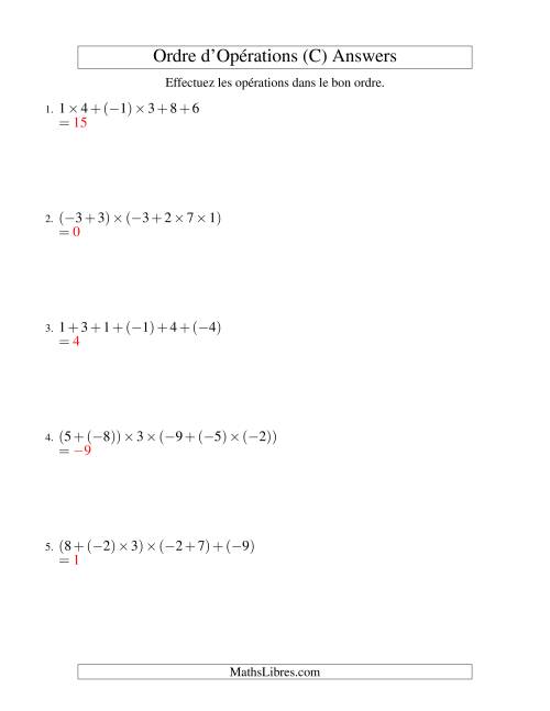 Ordre des opérations avec nombres entiers (cinq étapes) -- Addition et multiplication (C) page 2