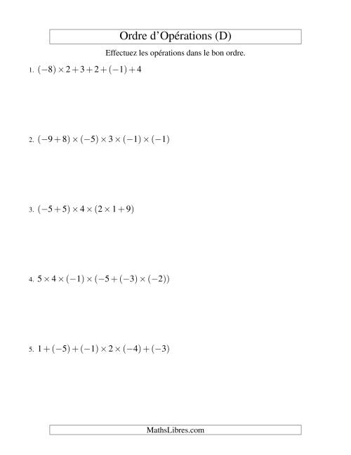 Ordre des opérations avec nombres entiers (cinq étapes) -- Addition et multiplication (D)