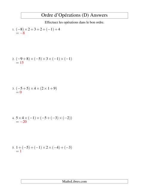 Ordre des opérations avec nombres entiers (cinq étapes) -- Addition et multiplication (D) page 2