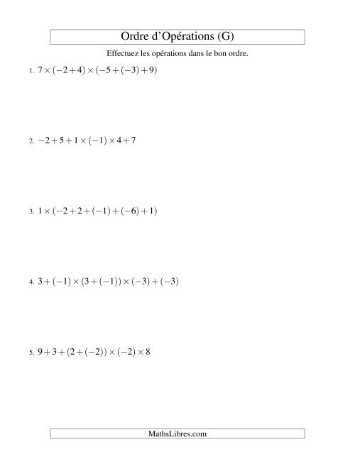 Ordre des opérations avec nombres entiers (cinq étapes) -- Addition et multiplication (G)