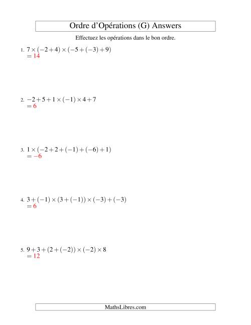 Ordre des opérations avec nombres entiers (cinq étapes) -- Addition et multiplication (G) page 2