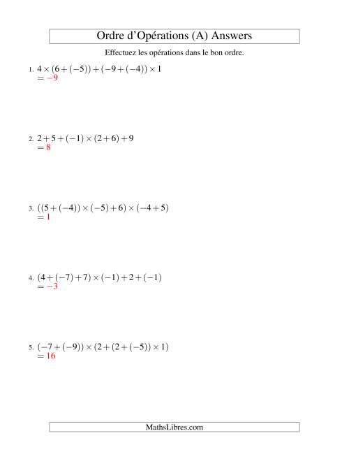 Ordre des opérations avec nombres entiers (cinq étapes) -- Addition et multiplication (Tout) page 2