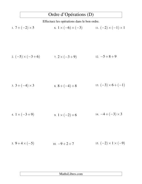 Ordre des opérations avec nombres entiers (deux étapes) -- Addition et multiplication (D)