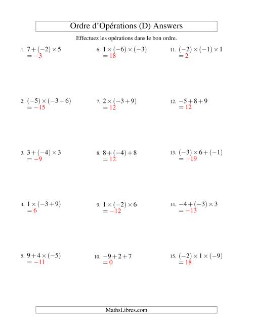 Ordre des opérations avec nombres entiers (deux étapes) -- Addition et multiplication (D) page 2