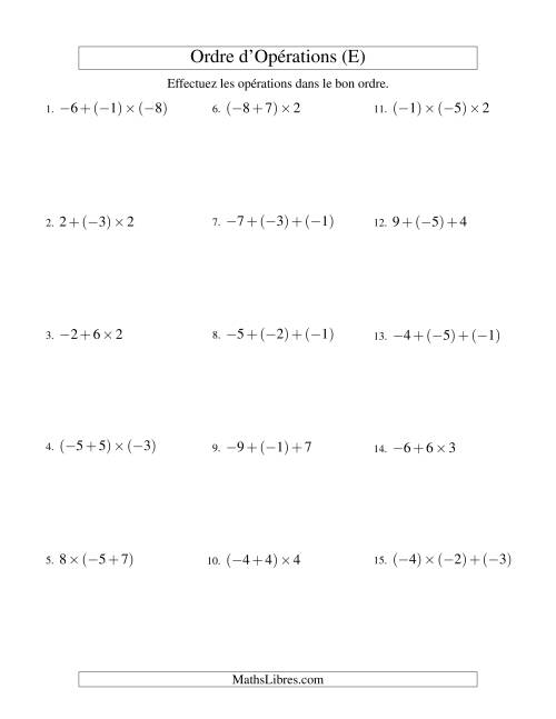 Ordre des opérations avec nombres entiers (deux étapes) -- Addition et multiplication (E)