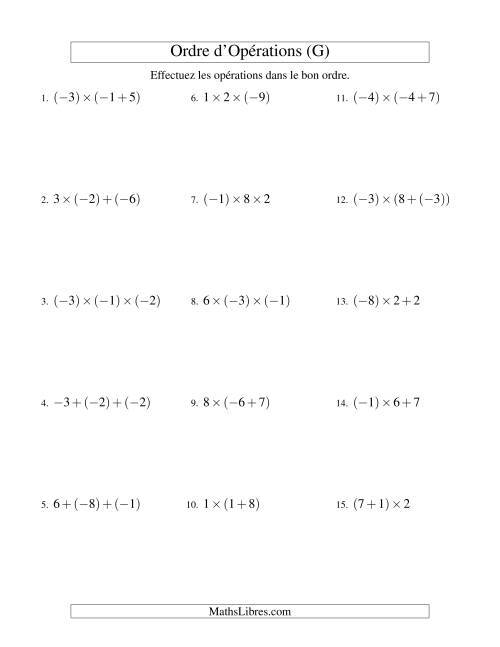 Ordre des opérations avec nombres entiers (deux étapes) -- Addition et multiplication (G)