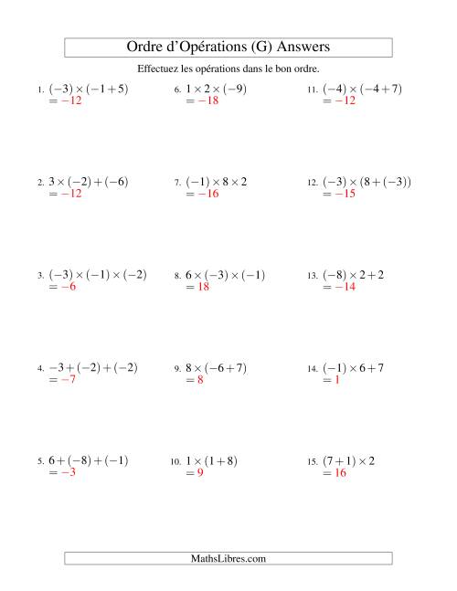 Ordre des opérations avec nombres entiers (deux étapes) -- Addition et multiplication (G) page 2