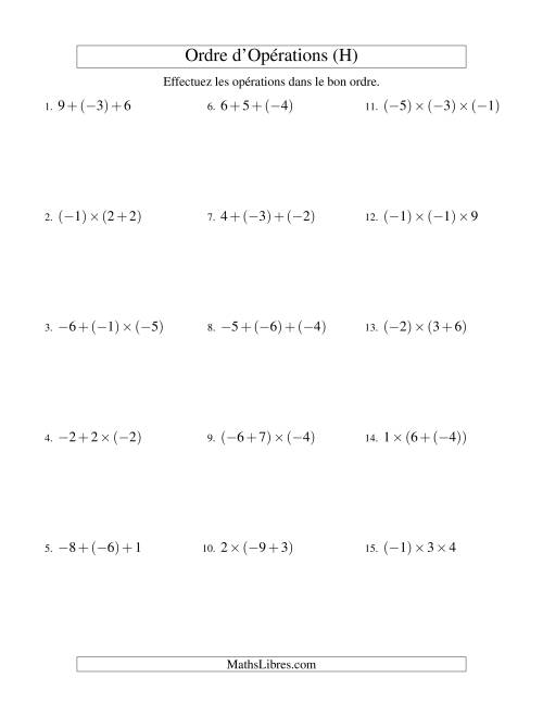 Ordre des opérations avec nombres entiers (deux étapes) -- Addition et multiplication (H)