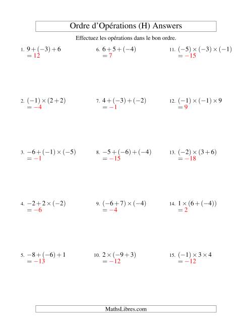 Ordre des opérations avec nombres entiers (deux étapes) -- Addition et multiplication (H) page 2