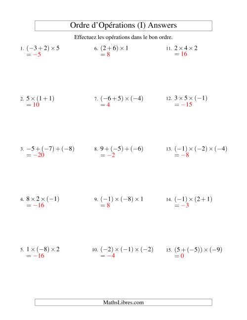 Ordre des opérations avec nombres entiers (deux étapes) -- Addition et multiplication (I) page 2