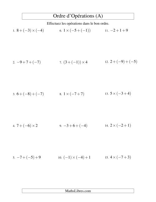 Ordre des opérations avec nombres entiers (deux étapes) -- Addition et multiplication (Tout)