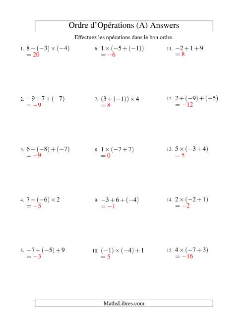 Ordre des opérations avec nombres entiers (deux étapes) -- Addition et multiplication (Tout) page 2