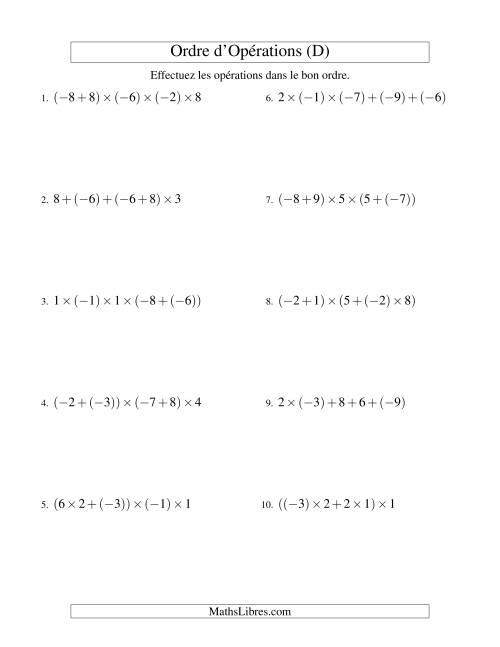 Ordre des opérations avec nombres entiers (quatre étapes) -- Addition et multiplication (D)