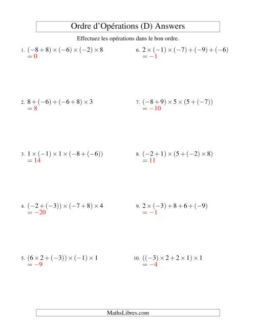 Ordre des opérations avec nombres entiers (quatre étapes) -- Addition et multiplication (D) page 2