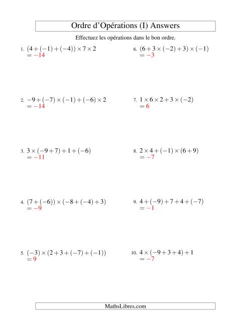 Ordre des opérations avec nombres entiers (quatre étapes) -- Addition et multiplication (I) page 2