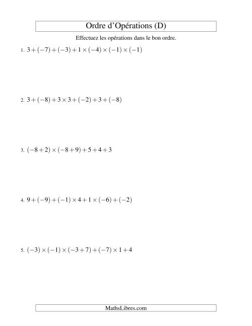 Ordre des opérations avec nombres entiers (six étapes) -- Addition et multiplication (D)