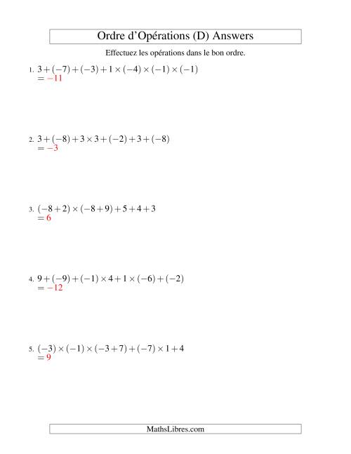 Ordre des opérations avec nombres entiers (six étapes) -- Addition et multiplication (D) page 2
