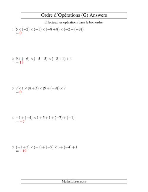 Ordre des opérations avec nombres entiers (six étapes) -- Addition et multiplication (G) page 2