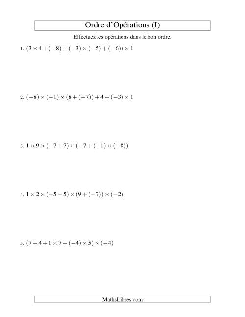 Ordre des opérations avec nombres entiers (six étapes) -- Addition et multiplication (I)