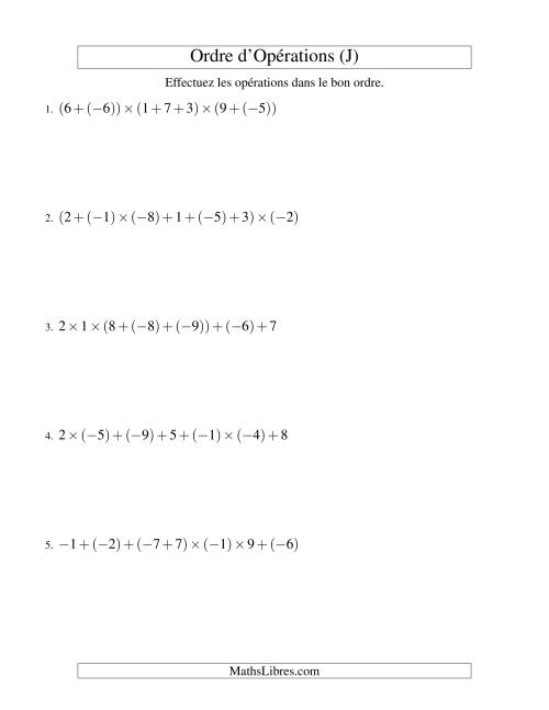 Ordre des opérations avec nombres entiers (six étapes) -- Addition et multiplication (J)