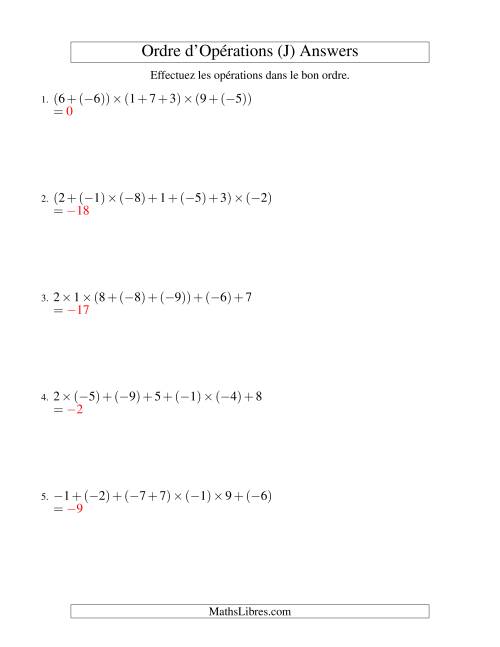 Ordre des opérations avec nombres entiers (six étapes) -- Addition et multiplication (J) page 2