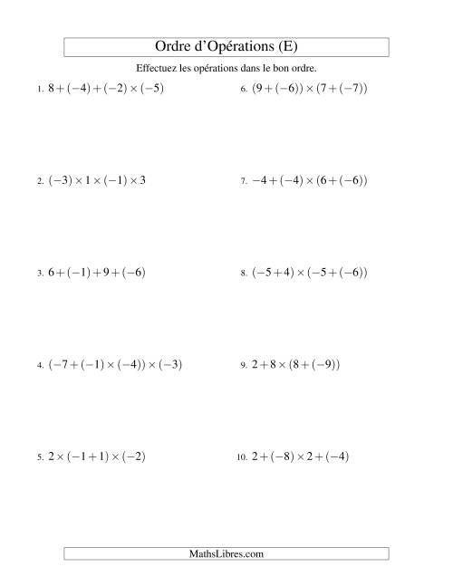 Ordre des opérations avec nombres entiers (trois étapes) -- Addition et multiplication (E)