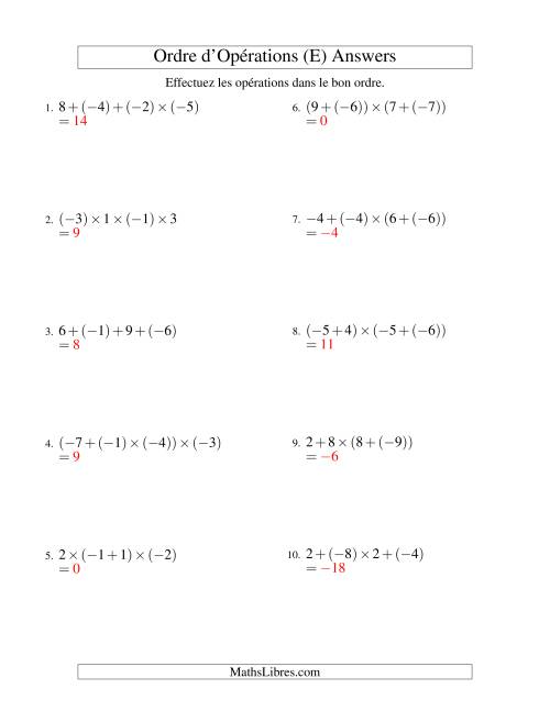 Ordre des opérations avec nombres entiers (trois étapes) -- Addition et multiplication (E) page 2