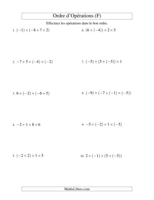Ordre des opérations avec nombres entiers (trois étapes) -- Addition et multiplication (F)