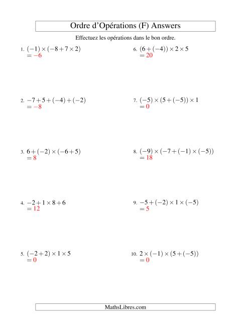 Ordre des opérations avec nombres entiers (trois étapes) -- Addition et multiplication (F) page 2