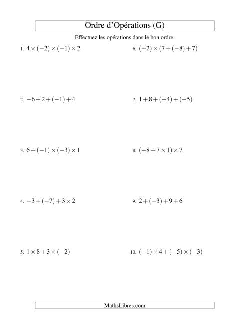 Ordre des opérations avec nombres entiers (trois étapes) -- Addition et multiplication (G)