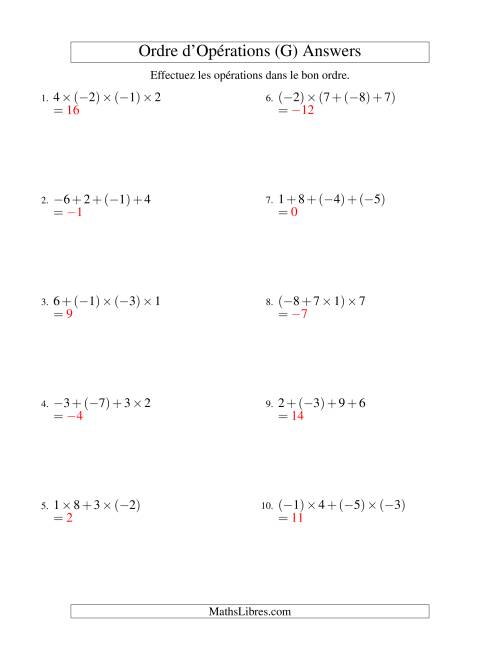Ordre des opérations avec nombres entiers (trois étapes) -- Addition et multiplication (G) page 2