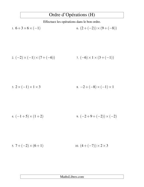 Ordre des opérations avec nombres entiers (trois étapes) -- Addition et multiplication (H)