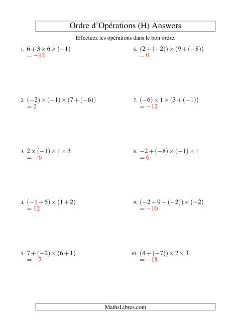 Ordre des opérations avec nombres entiers (trois étapes) -- Addition et multiplication (H) page 2
