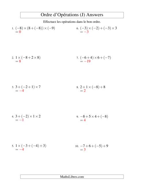 Ordre des opérations avec nombres entiers (trois étapes) -- Addition et multiplication (J) page 2
