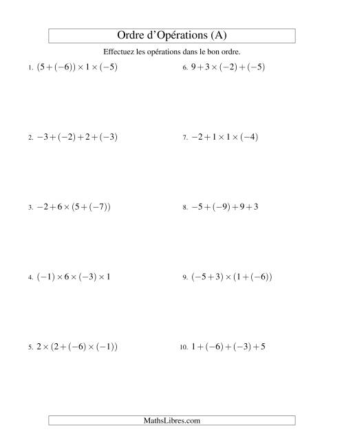 Ordre des opérations avec nombres entiers (trois étapes) -- Addition et multiplication (Tout)