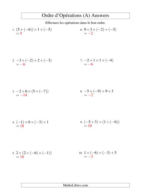 Ordre des opérations avec nombres entiers (trois étapes) -- Addition et multiplication (Tout) page 2