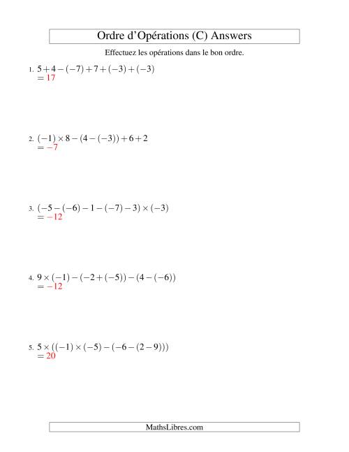 Ordre des opérations avec nombres entiers (cinq étapes) -- Addition, soustraction et multiplication (C) page 2
