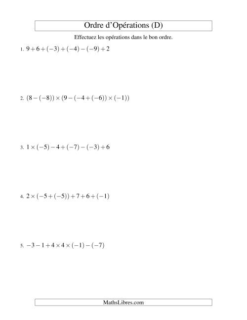 Ordre des opérations avec nombres entiers (cinq étapes) -- Addition, soustraction et multiplication (D)