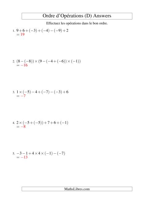 Ordre des opérations avec nombres entiers (cinq étapes) -- Addition, soustraction et multiplication (D) page 2