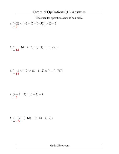 Ordre des opérations avec nombres entiers (cinq étapes) -- Addition, soustraction et multiplication (F) page 2