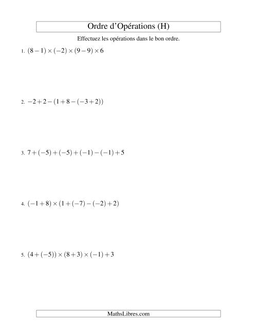 Ordre des opérations avec nombres entiers (cinq étapes) -- Addition, soustraction et multiplication (H)