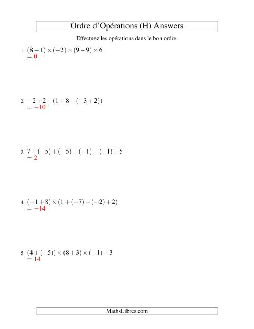 Ordre des opérations avec nombres entiers (cinq étapes) -- Addition, soustraction et multiplication (H) page 2